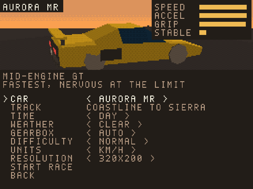 Car and race setup screen