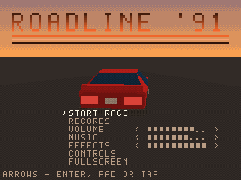 Title screen with a color-cycled logo and a turning car